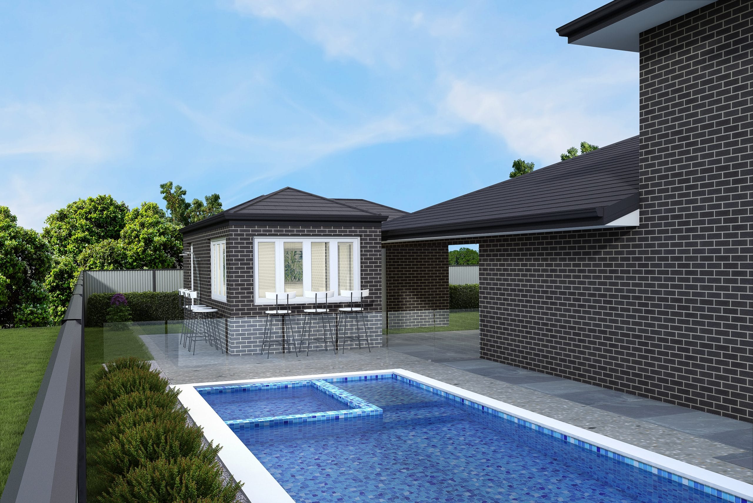 Render of an inground pool & outhouse in Harrington Park