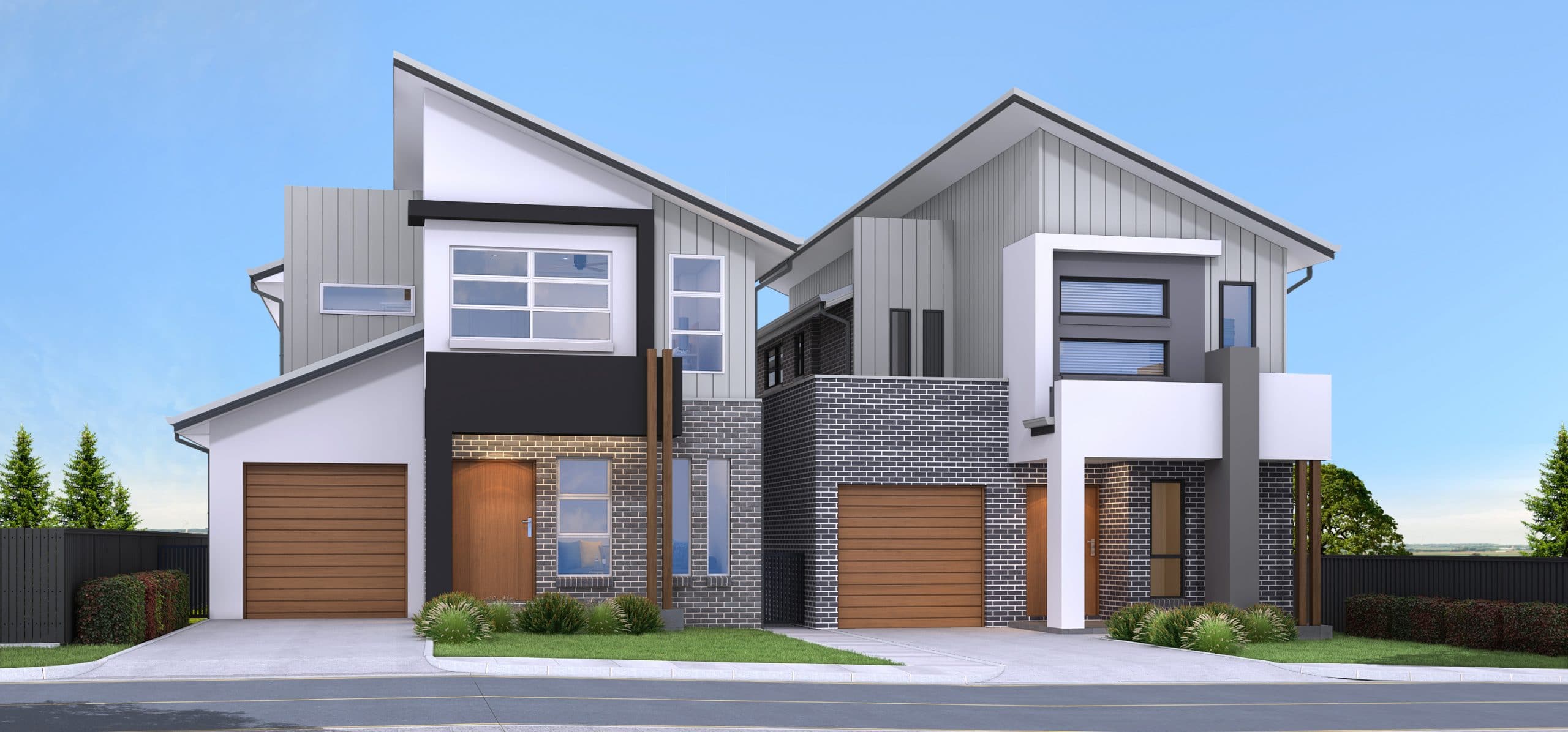 Render of a two storey, detached duplex in Oran Park