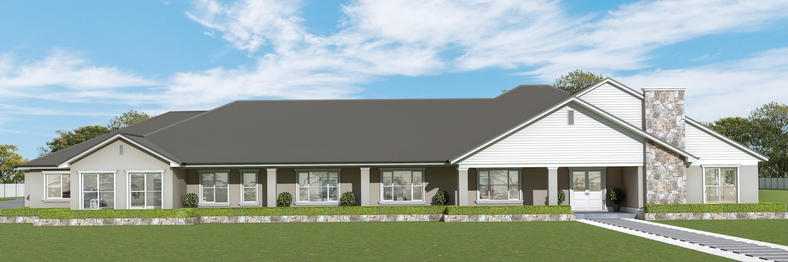 Render of a single storey, country style home located in Cobbitty