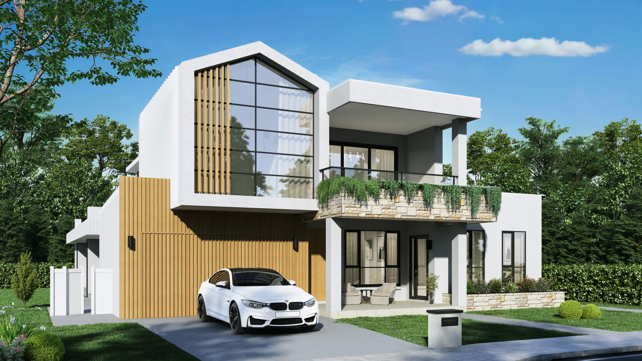 Render of a coastal style, two storey home in South Penrith